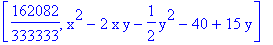 [162082/333333, x^2-2*x*y-1/2*y^2-40+15*y]